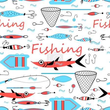 Ilustración de Elementos de diseño gráfico sin costuras para la pesca sobre fondo blanco - Imagen libre de derechos