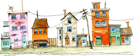 Photo for Street scene in old town with colorful childish building. Watercolor illustration of cute houses on white background. - Royalty Free Image