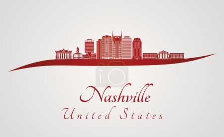 Téléchargez les illustrations : Skyline Nashville en fond rouge et gris dans le fichier vectoriel modifiable - en licence libre de droit