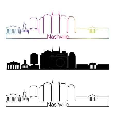 Téléchargez les illustrations : Style linéaire skyline de Nashville avec arc-en-ciel dans un fichier vectoriel modifiable - en licence libre de droit