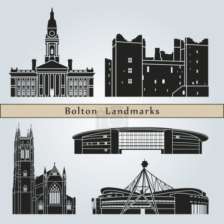 Téléchargez les illustrations : Monuments Bolton isolés sur fond bleu dans un fichier vectoriel modifiable - en licence libre de droit