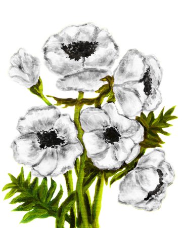 Photo for Hand painted picture, oil painting, white poppies on white background, vertical. - Royalty Free Image