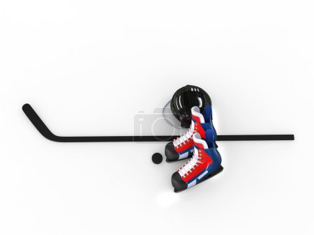 Équipement de hockey - patins bleus et rouges avec casque noir
 