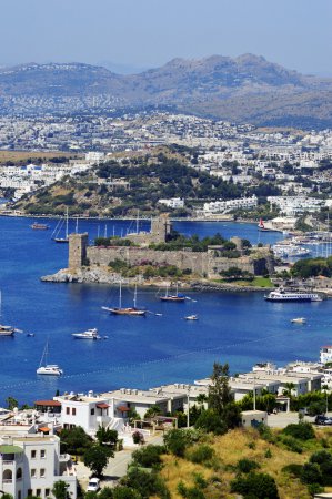 View of Bodrum harbor during hot summer day. Turkish Riviera