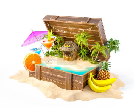 Téléchargez les photos : Bar tropical avec cocktails et fruits frais sur l'île à l'intérieur boîte en bois ouverte sur un tas de sable, illustration de fête insolite - en image libre de droit