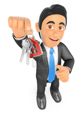 Agente inmobiliario 3D entregando las llaves de una nueva casa
Agente inmobiliario 3D entregando las llaves de una nueva casa