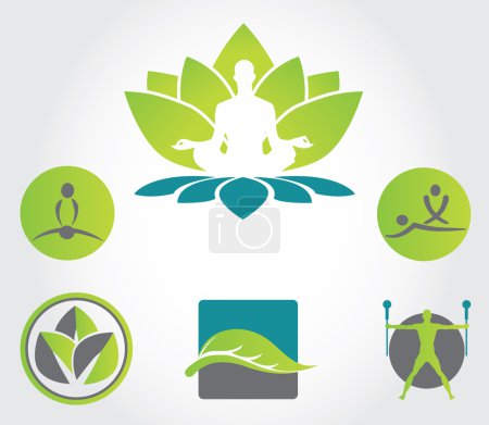 Colección de yoga, zen, iconos de meditación, elementos coloridos y símbolos
