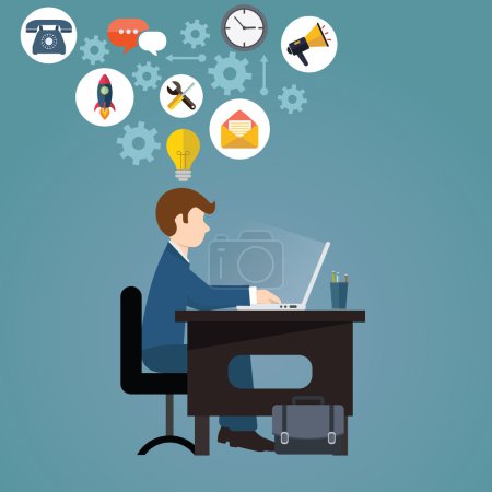 Ilustración de Empresario trabajando en portátil, idea creativa y concepto de trabajo - Imagen libre de derechos