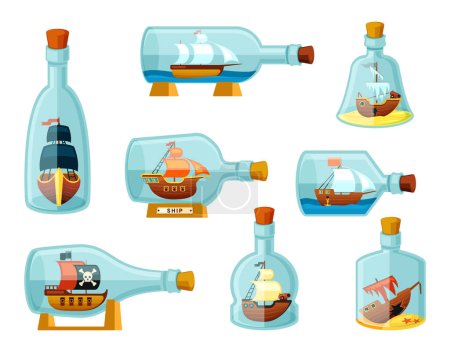 Naves en botellas. Modelos de veleros encerrados en cristalería piratas insignia y corbetas hundidas con el vertido de oro carabelas decoración juego interfaz y diseño. Vector mar aventuras.