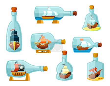 Ilustración de Naves en botellas. Modelos de veleros encerrados en cristalería piratas insignia y corbetas hundidas con carabelas de oro vertido. - Imagen libre de derechos