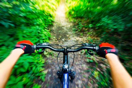 Mountain biking down hill. View from biker.