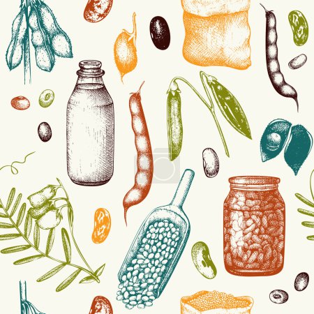 Illustration for Seamless pattern with vintage ink hand drawn legume and legume products sketches in pastels - Royalty Free Image