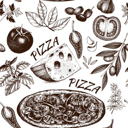 Téléchargez les illustrations : Modèle sans couture avec illustration de pizza dessinée à la main à l'encre isolée sur blanc. Pizza croquis fond vectoriel
. - en licence libre de droit