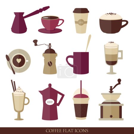 Ilustración de Colección vectorial de iconos de café plano sobre fondo blanco - Imagen libre de derechos