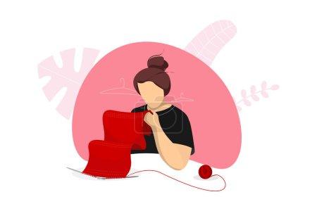 Ilustración de Mujer de punto agujas de punto de lana. Personaje femenino tejer hobby y tiempo libre. Ilustración vectorial eps aislada sobre fondo blanco - Imagen libre de derechos