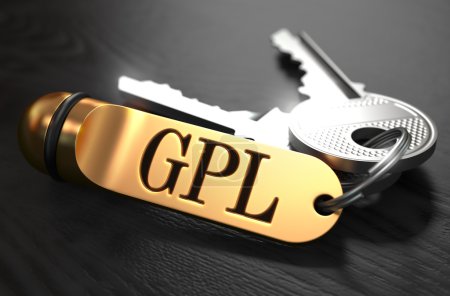 Foto de GPL - Licencia Pública General - Manojo de Llaves con Texto en Llavero Dorado. Fondo de madera negro. Vista de primer plano con enfoque selectivo. Ilustración 3D - Imagen libre de derechos