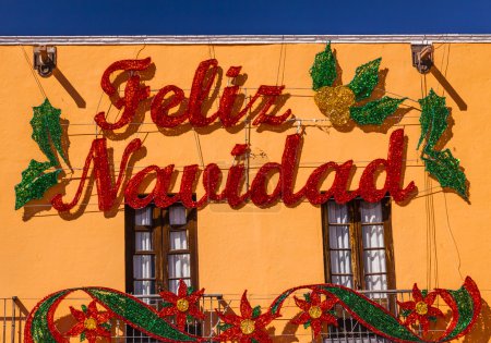 Photo for Merry Christmas Decorations Parroquia Cathedral Dolores Hidalgo Mexico. Where Father Miguel Hidalgo made his Grito de Dolers starting the 1810 War of Independence in Mexico.  Cathedral built in the 1700s - Royalty Free Image