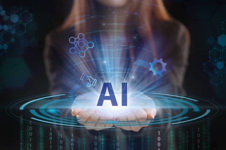 Photo for Business, Technology, Internet and network concept. Young businessman working on a virtual screen of the future and sees the inscription: AI - Royalty Free Image