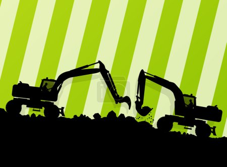 Illustration for Excavator loader hydraulic machine tractor and worker digging at industrial construction site vector abstract background - Royalty Free Image