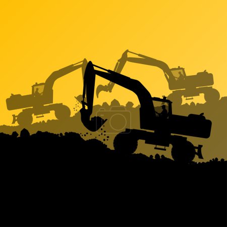 Illustration for Excavator loader hydraulic machine tractor and worker digging at industrial construction site vector abstract background - Royalty Free Image