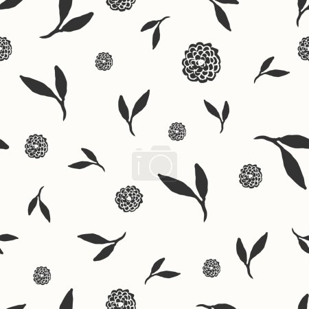 Illustration for Hand drawn seamless repeat pattern with floral design elements in black and white. - Royalty Free Image