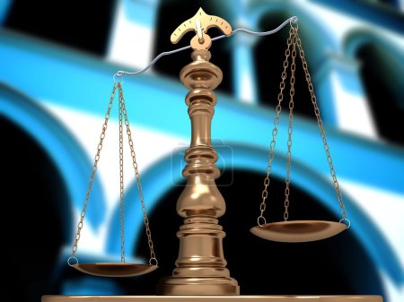 Golden scales of justice in court 3d illustration