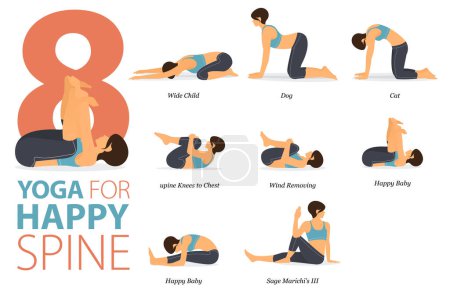 Infografía 8 Posturas de yoga para entrenar en concepto de Happy Spine en diseño plano. Mujeres haciendo ejercicio para estirar el cuerpo. Postura de yoga o asana para infografía fitness. Ilustración plana del vector de la historieta.