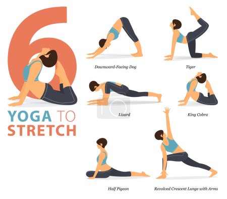 Infografik 6 Yoga-Posen für das Workout im Konzept des Body Stretching in flachem Design. Frauen, die zum Dehnen ihres Körpers trainieren. Yoga-Haltung oder Asana für Fitness-Infografik. Flache Cartoon Vector Illustration.