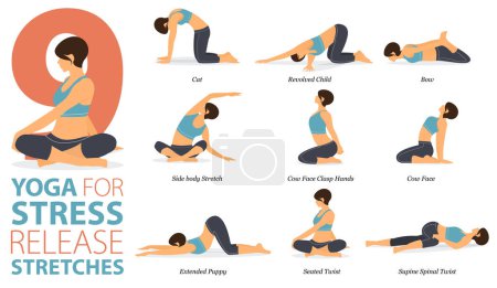 Infografía 9 Posturas de yoga para entrenar en casa en concepto de Estrés Estrés Estrés Estrías en diseño plano. Mujeres haciendo ejercicio para estirar el cuerpo. Postura de yoga o asana para infografía fitness. Ilustración plana del vector de la historieta.