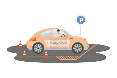 Téléchargez les illustrations : Illustration plate vectorielle école de conduite. Heureux homme souriant conduisant une voiture jaune et se préparant à passer des examens pour le permis de conduire. Personnage masculin conduire l'automobile aux leçons de conduite. - en licence libre de droit