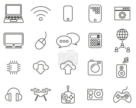 Iconos de tecnología moderna Conjunto de línea delgada en blanco y negro Grande