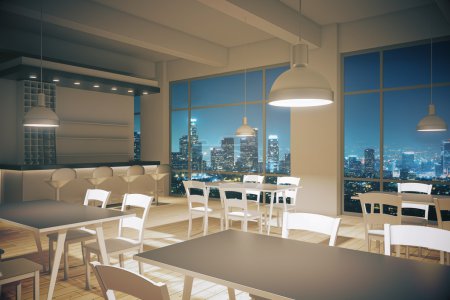 Photo for Furnished cafe interior with light wooden floor and night city view. 3D Render - Royalty Free Image