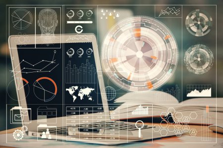 Photo for Double exposure of table with computer on background and data theme hologram. Data technology concept. - Royalty Free Image