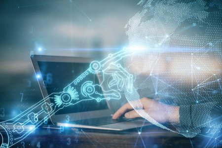 Photo for Technology theme hologram with man working on computer on background. High tech concept. Double exposure. - Royalty Free Image