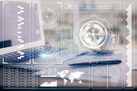 Photo for Double exposure of table with computer on background and data theme hologram. Data technology concept. - Royalty Free Image