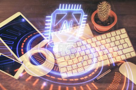 Photo for Double exposure of technology theme drawing over work table desktop. Top view. Global data analysis concept. - Royalty Free Image