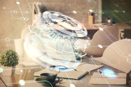 Photo for Double exposure of data theme drawing and office interior background. Concept of technology. - Royalty Free Image