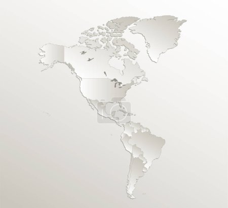 Mapa de América, estados individuales e islas, tarjeta de papel 3D en blanco natural Mapa de América, estados individuales e islas, tarjeta de papel 3D en blanco natural