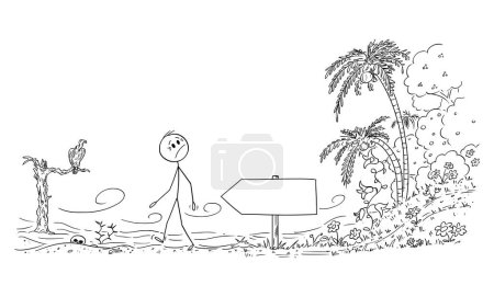 Ilustración de Persona caminando siguiendo el signo de flecha vacía y tropical dejando el paraíso, entrando en el desierto. Figura vectorial del palo de dibujos animados o ilustración del personaje. - Imagen libre de derechos