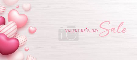 Happy Valentine 's Day Sale, Ballon bunte rosa Herz Banner Design auf weißem Holzhintergrund, Eps 10 Vektor Illustration