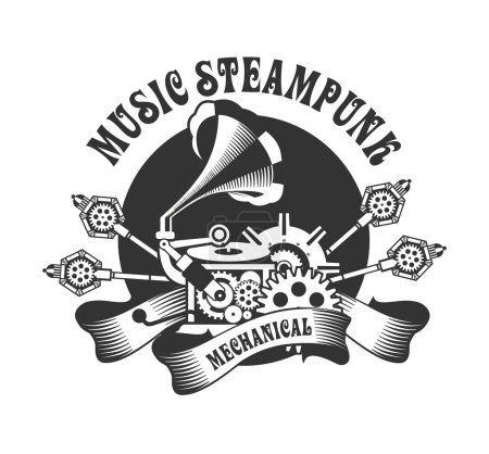 Téléchargez les illustrations : Illustration de Steampunk avec des composants mécaniques de gramophone antique et des pièces tournantes sur un fond blanc - en licence libre de droit