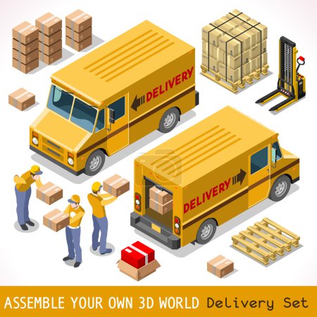 Illustration for Delivery Service Chain Elements Collection. NEW bright palette 3D Flat Vector Icon Set. Yellow box pakage worldwide shipping  carried by Courier man of Postal Service Yellow Van. Express home delivery - Royalty Free Image