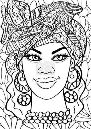 Téléchargez les photos : Magnifique portrait de femme africaine en headwrap avec ornement, page de livre à colorier ethnique adulte - en image libre de droit