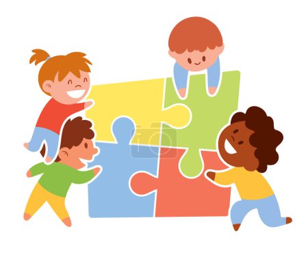 Téléchargez les illustrations : Des enfants de différentes nationalités mettent en place un puzzle. Personnages de dessins animés colorés. Illustration vectorielle drôle. Isolé sur fond blanc - en licence libre de droit
