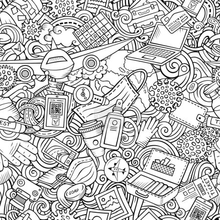 Cartoon doodles Traveling seamless pattern. Backdrop with Pandemic Travel symbols and items. Sketchy detailed background for print on fabric, textile, phone cases, wrapping paper.