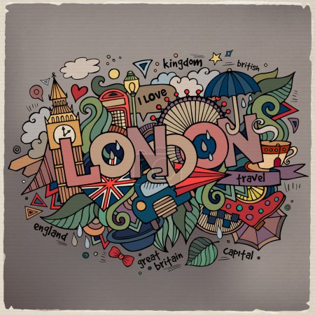 London Hand Schriftzug und Doodles Elemente Hintergrund.