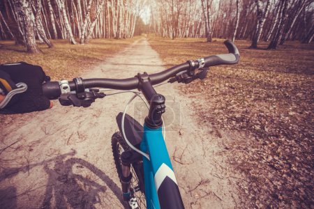 Téléchargez les photos : VTT descente de la colline descendant rapidement à vélo. Vue des yeux des motards. - en image libre de droit