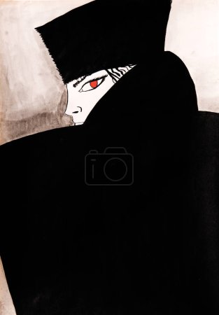 Ilustración de una mujer sexy con ojo grande y vestido elegante, en estilo cómico. Dibujo de tinta.