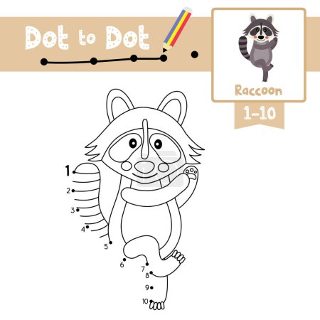Dot to dot juego educativo y libro para colorear de animales de mapache bailarín personaje de dibujos animados para niños en edad preescolar actividad sobre el aprendizaje de contar número 1-10 y hoja de trabajo de práctica de escritura a mano. Ilustración vectorial.