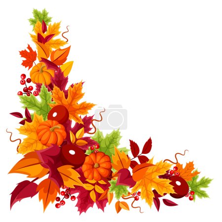 Corner background with pumpkins and colorful autumn leaves. Vector illustration.